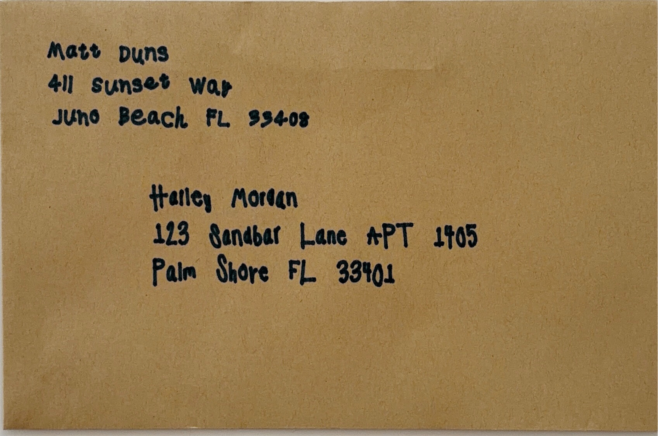 Matt Dunns handwritten envelope sample