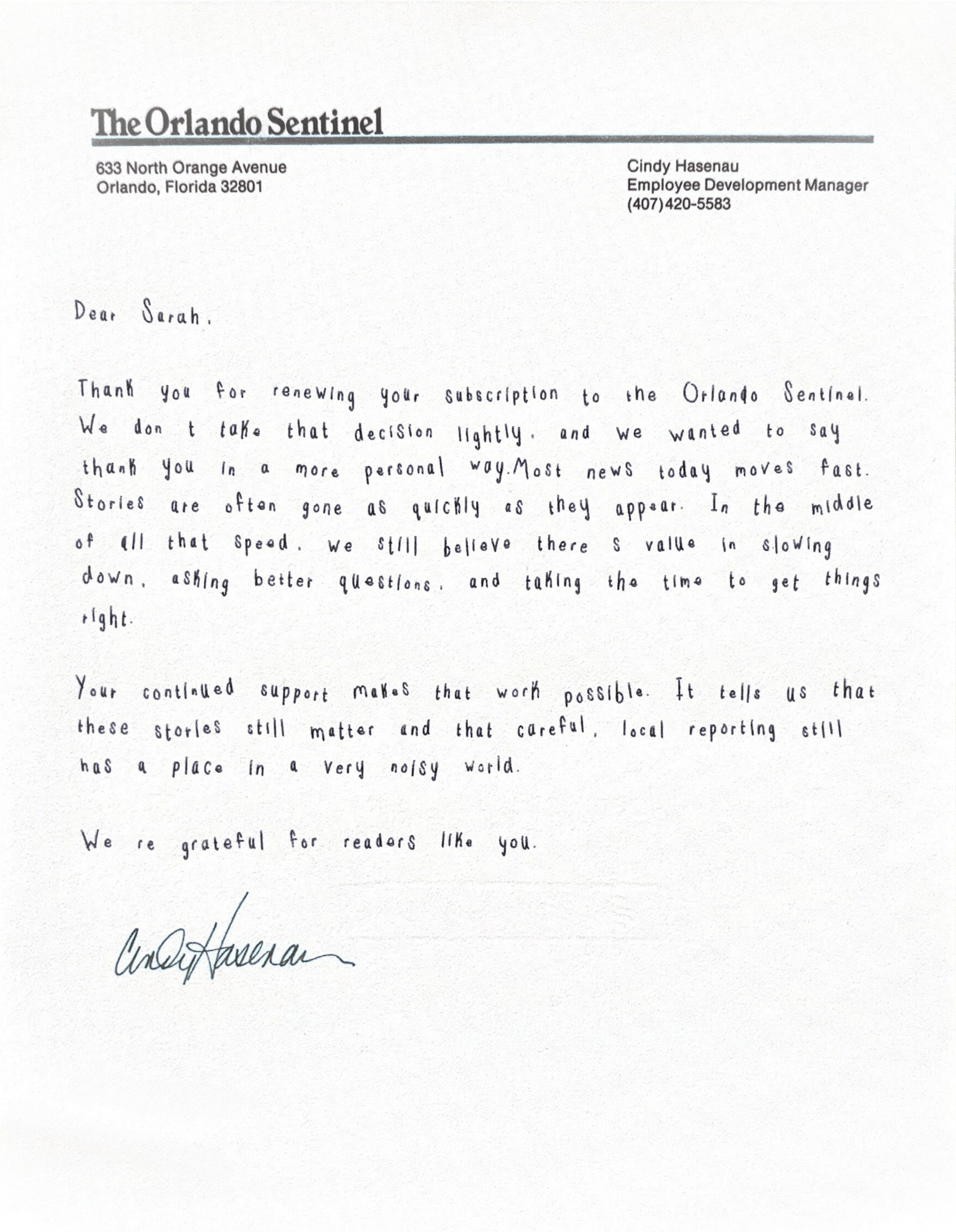 Orlando Sentinel handwritten note sample